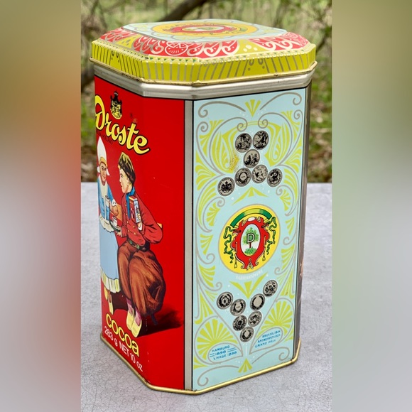 Vintage 10 oz DROSTE COCOA Hinge Lidded Tin Litho Illustrated Pantry Box - Picture 14 of 14